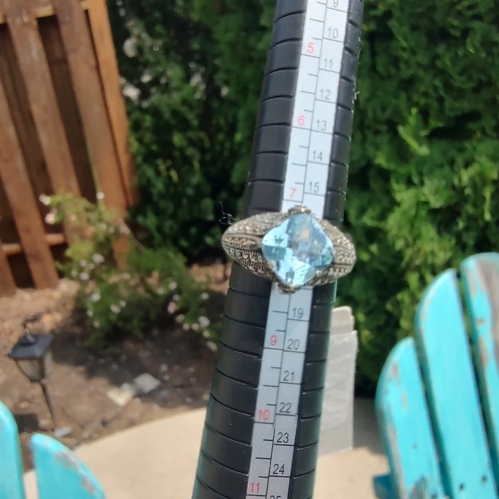 Judith Jack Ring Sterling Silver Marcasite Blue Topaz Size 7 3/4